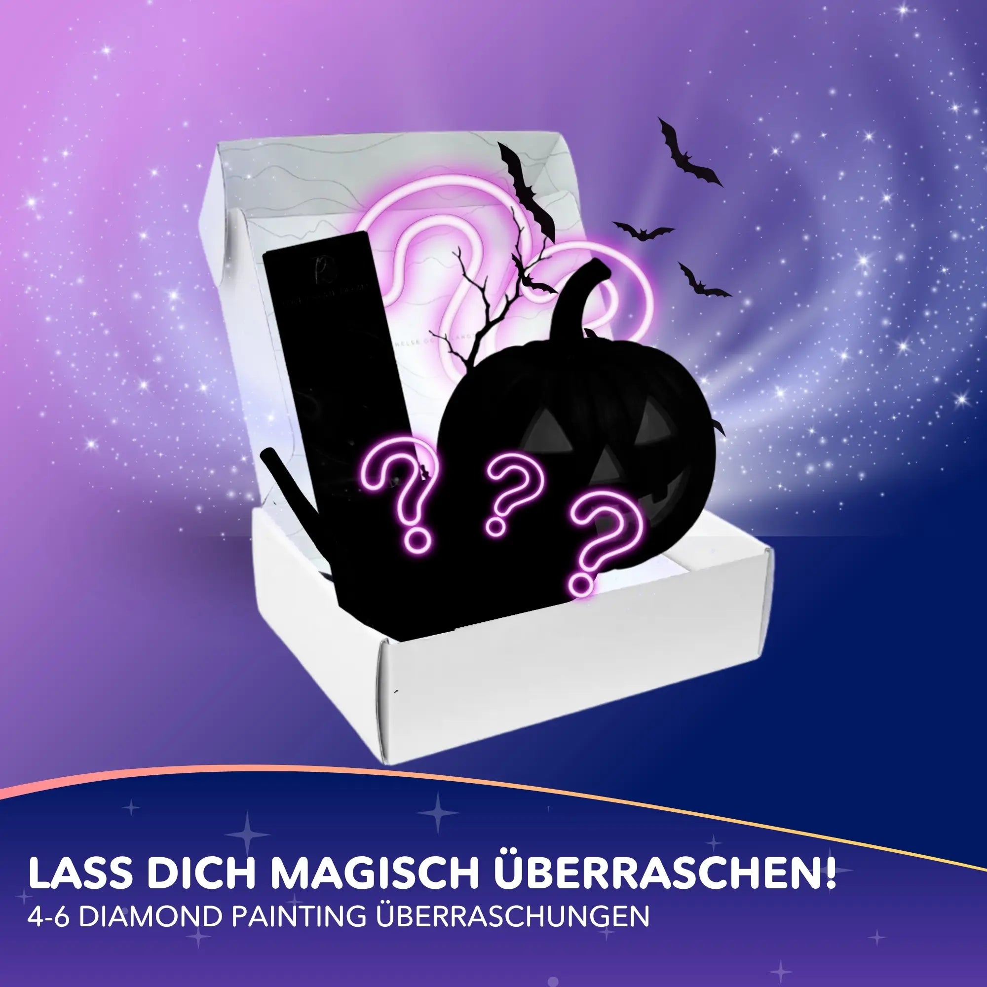 Halloween Diamond Painting Mystery Box mit Kürbis-Silhouette und Überraschungs-Inhalt für kreativen Bastelspaß