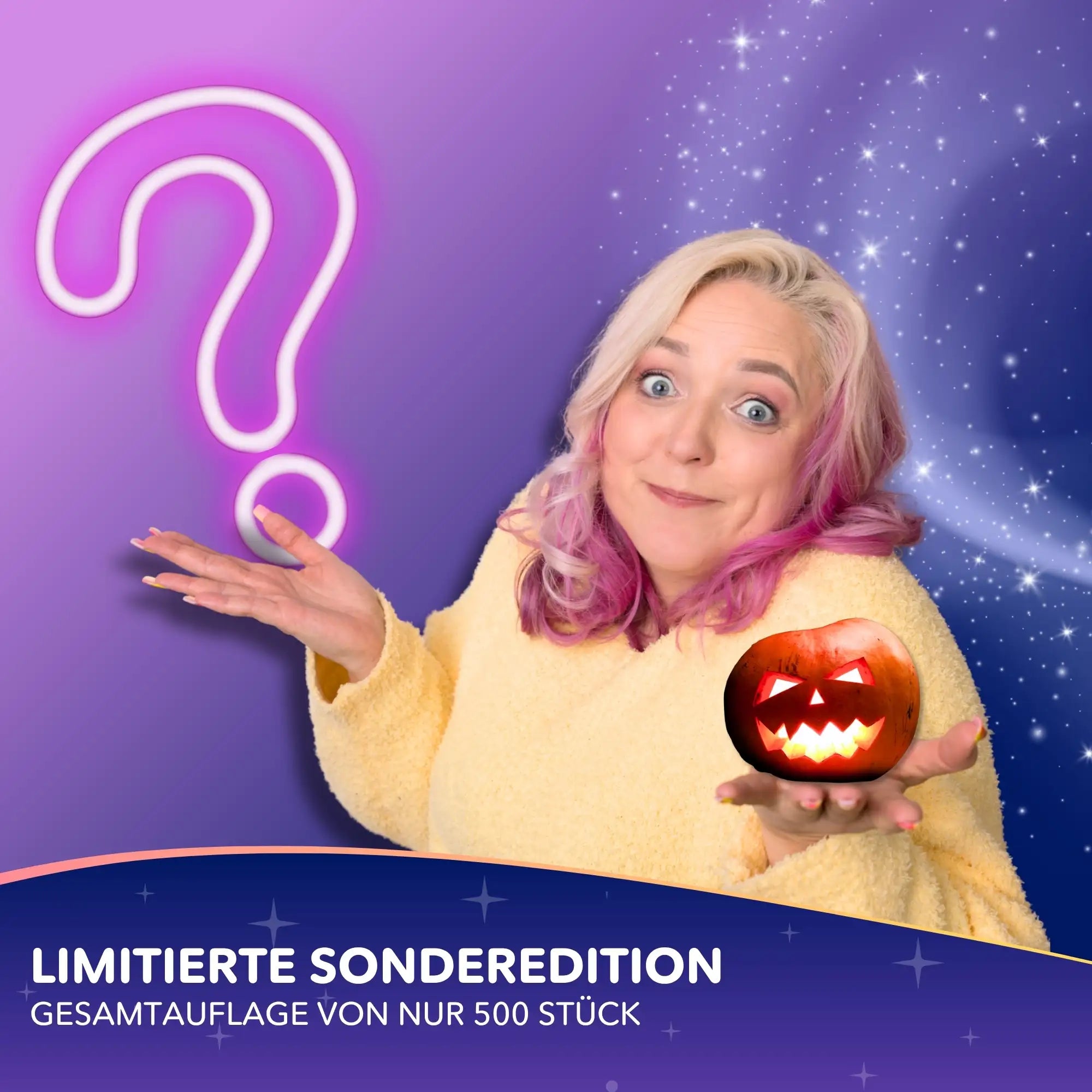 Frau mit Diamond Painting Mystery Box Halloween Edition, limitiertes Set mit Kürbis-Motiv und glitzernden Effekten.