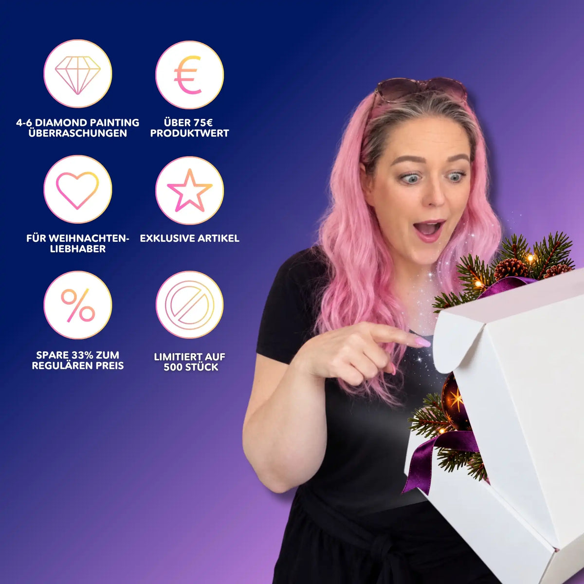 Diamond Painting Mystery Box Weihnachten: Begeisterte Frau öffnet festliche DIY-Überraschungsbox.