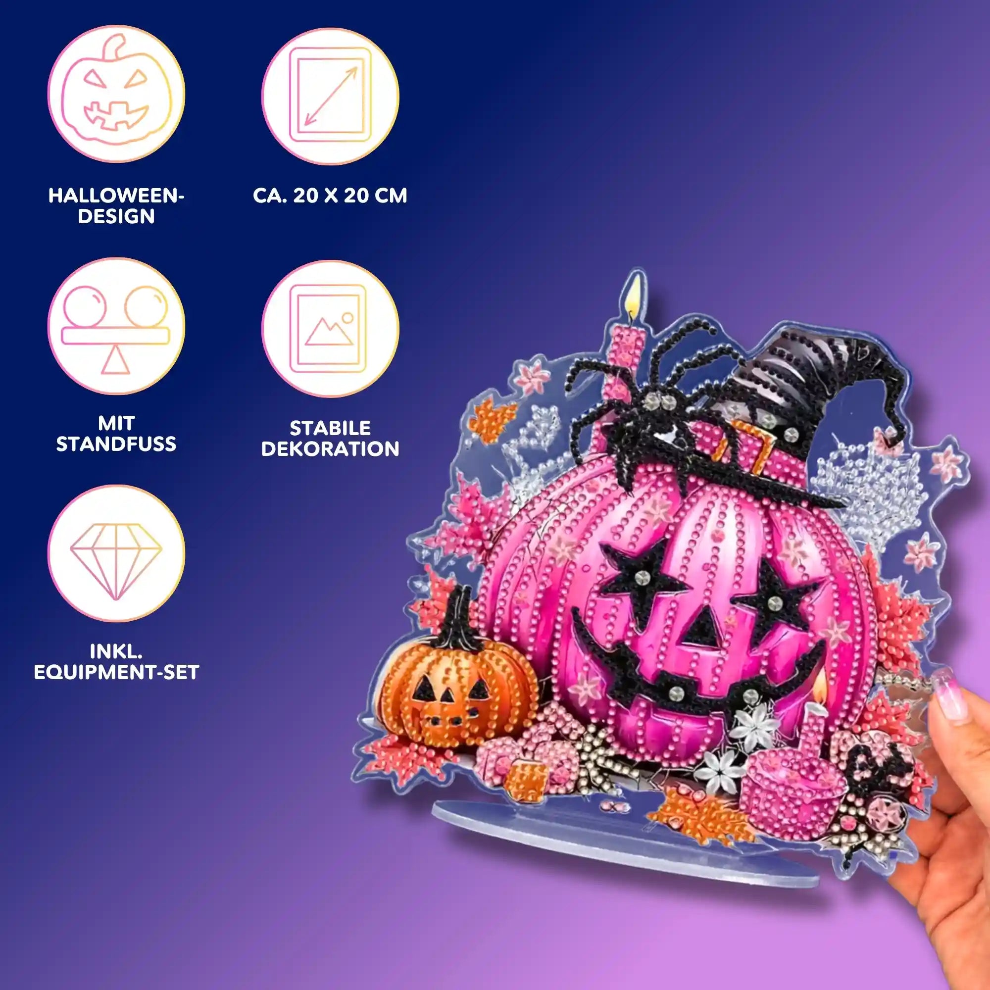 Diamond Painting Halloween Aufsteller: Pinker Kürbis mit Glitzersteinen als moderne, stabile Dekoration für Zuhause