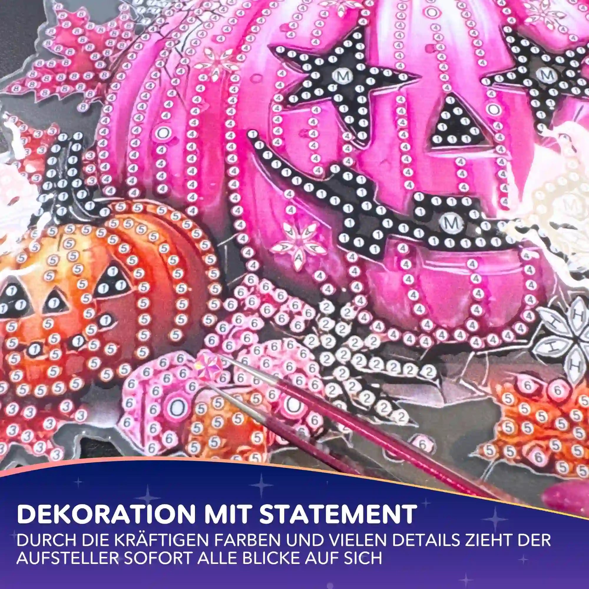 Diamond Painting Aufsteller Halloween Kürbis in Pink mit detailliertem Steckmuster für kreative DIY Fensterdeko