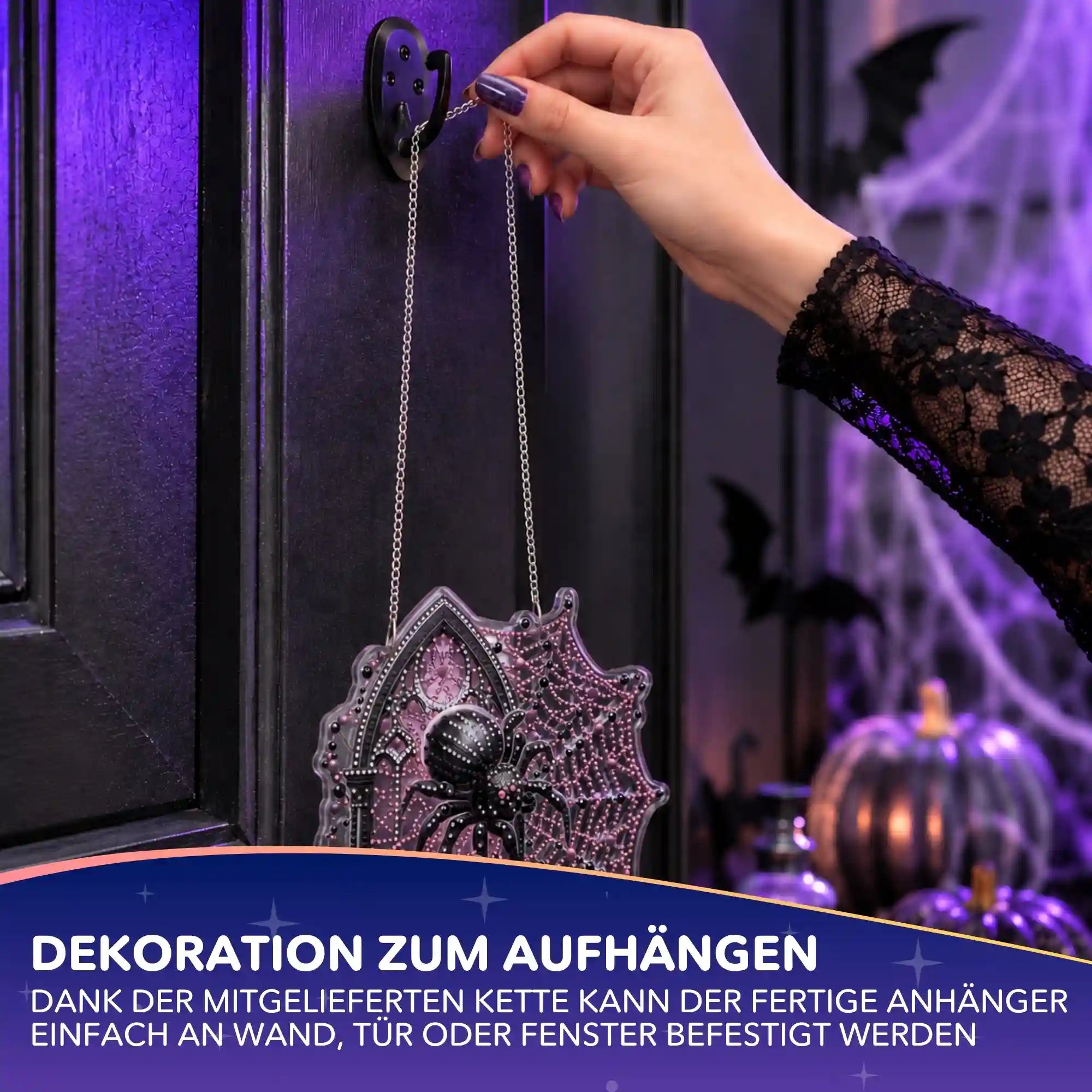 Diamond Painting Aufhänger Spinne in Pink und Schwarz als moderne DIY Halloween Deko für Wand oder Fenster