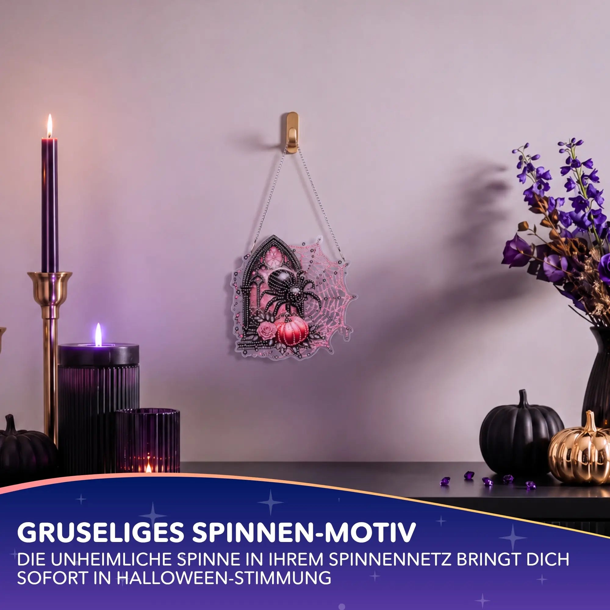 Diamond Painting Aufhänger Spinne mit pink-schwarzem Halloween-Motiv als moderne DIY-Wanddeko mit glitzernden Steinen