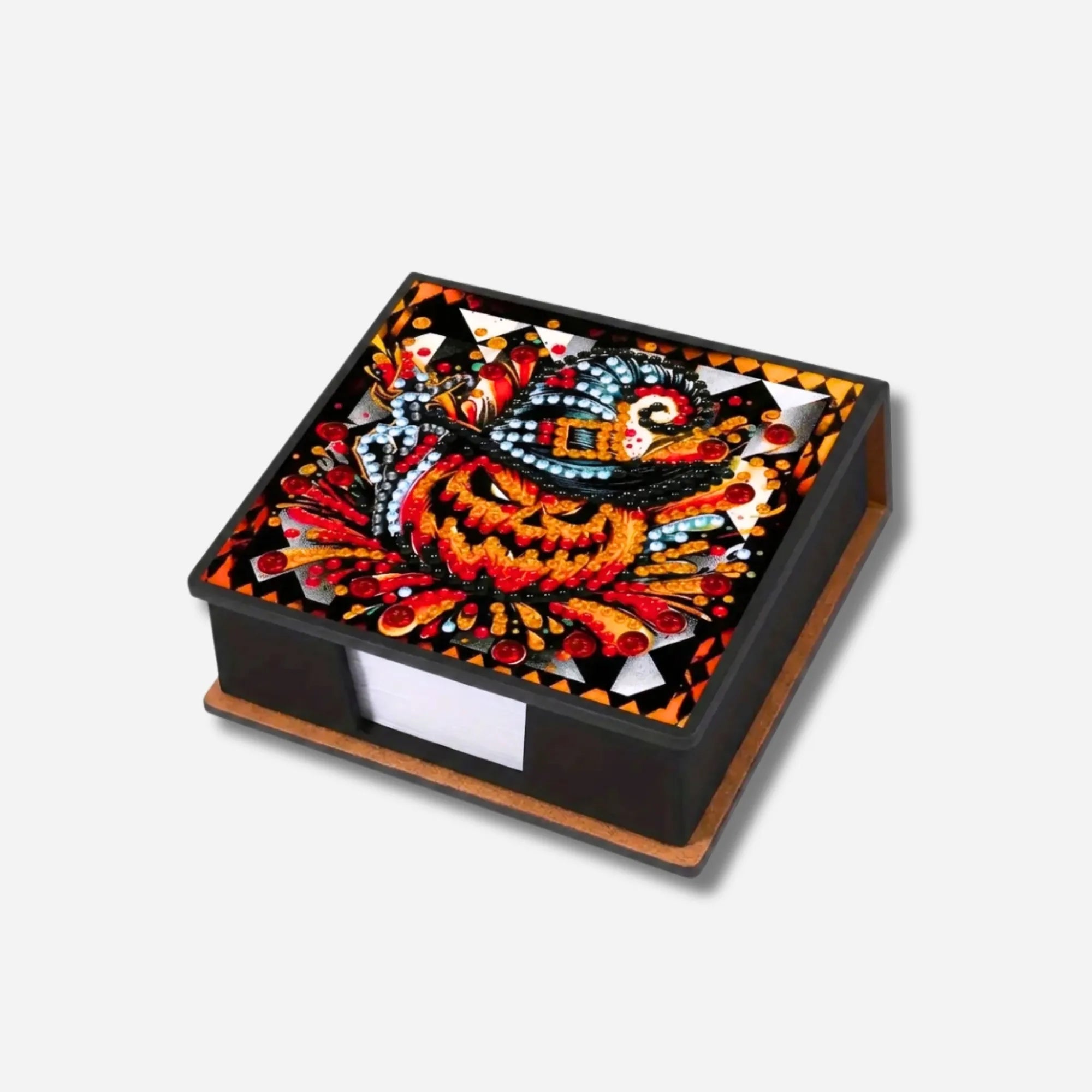 Diamond Painting Notizblock mit Halloween Kürbis Motiv und glitzernden Steinen in schwarzer Lederoptik