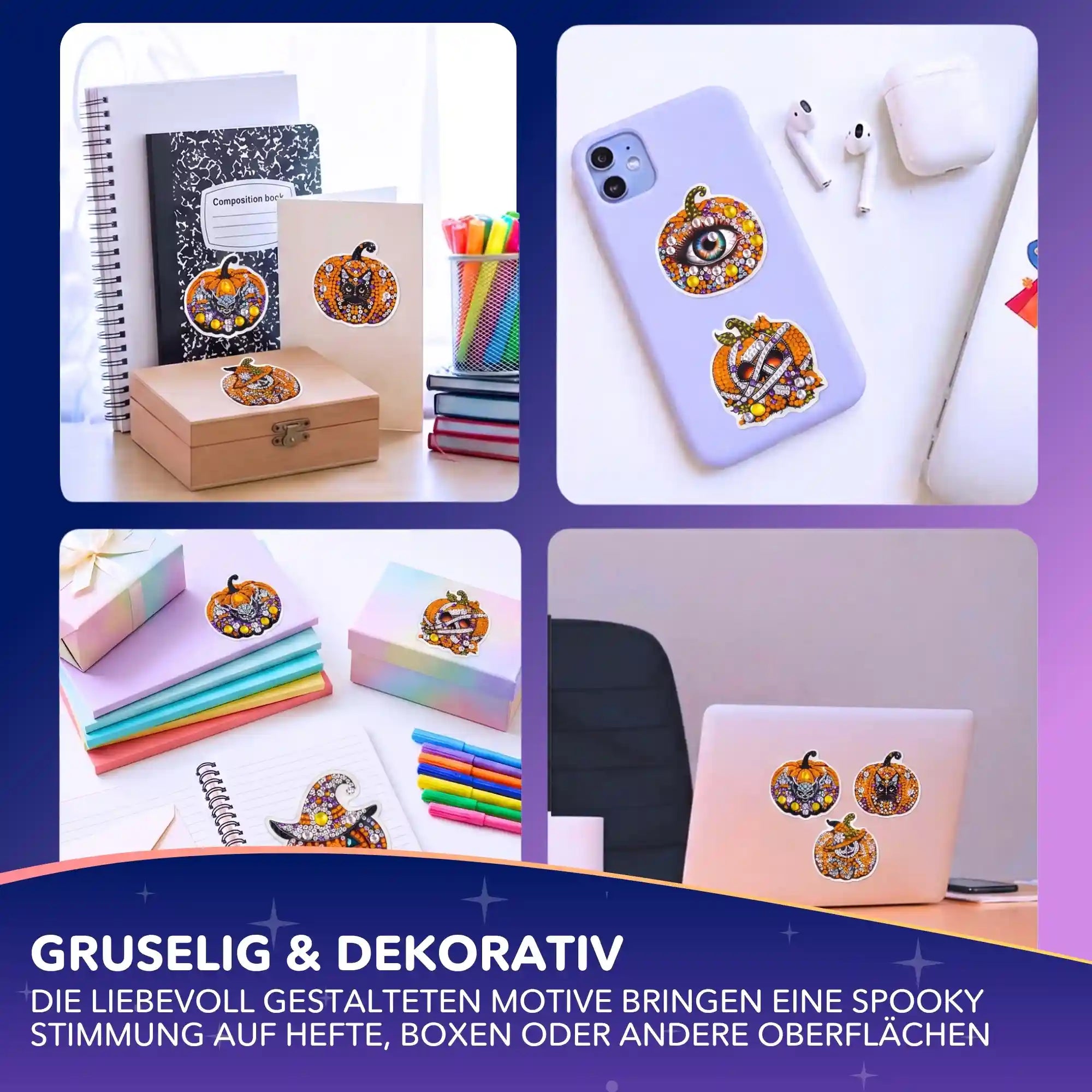 Diamond Painting Sticker Halloween Set mit Kürbis-Motiven zum Dekorieren von Smartphone, Notebook und Bastelprojekten.