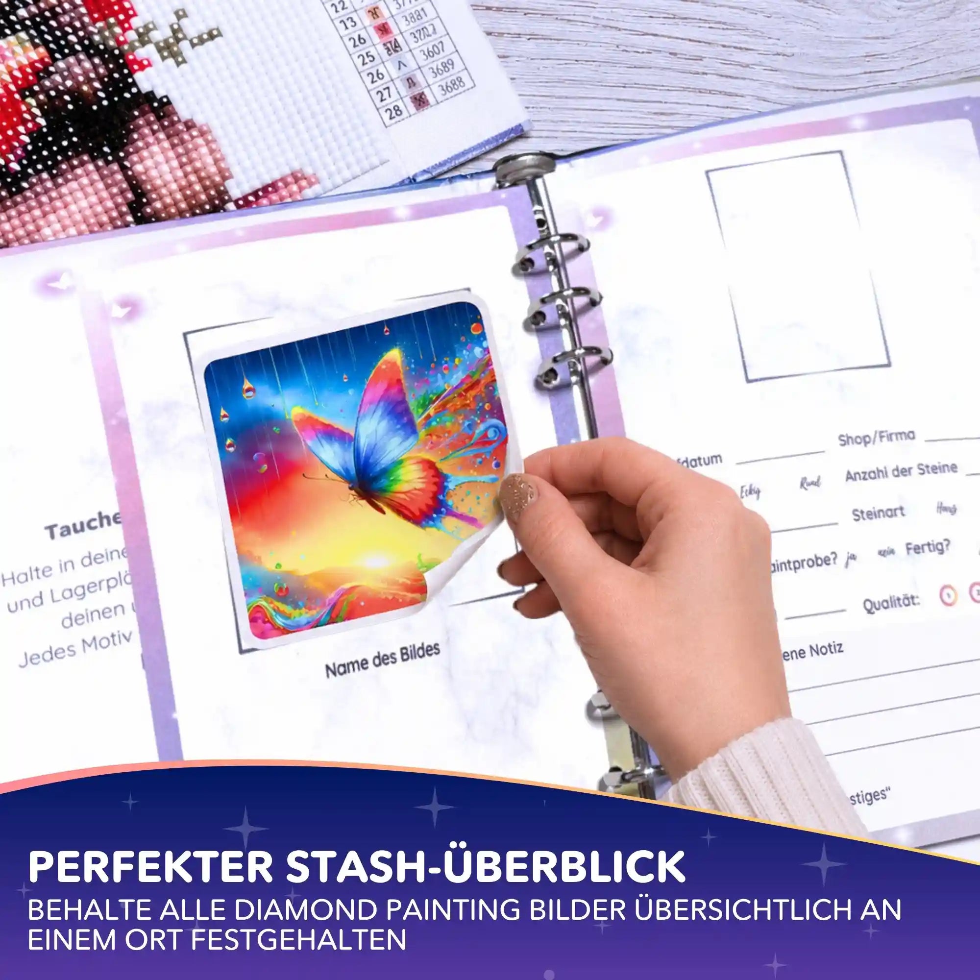 Diamond Painting Vorratsbuch zum Organisieren von Projekten, Motiv-Sticker einkleben und Fortschritte dokumentieren