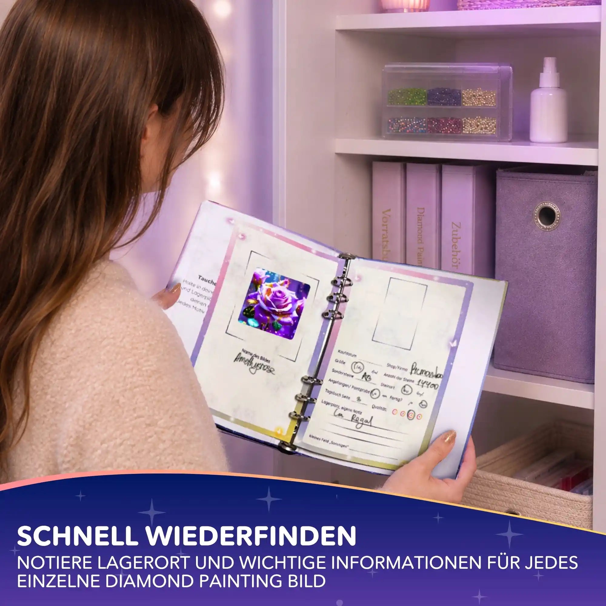 Diamond Painting Vorratsbuch zum Organisieren von Projekten mit ausgefüllten Informationen zu einem Blumen-Motiv
