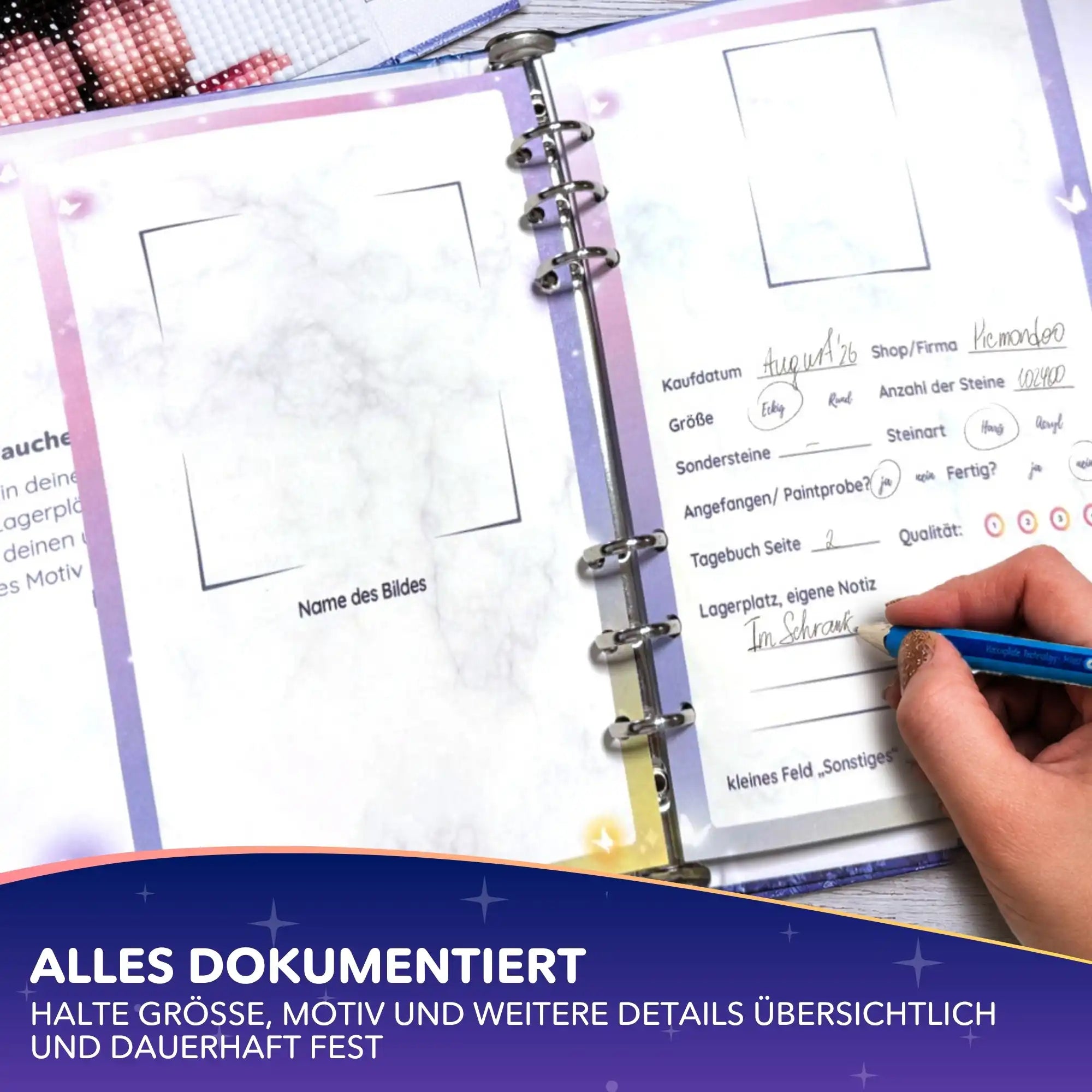 Diamond Painting Vorratsbuch zur Organisation deiner Kunstwerke mit handgeschriebenen Projektdetails und Notizen.