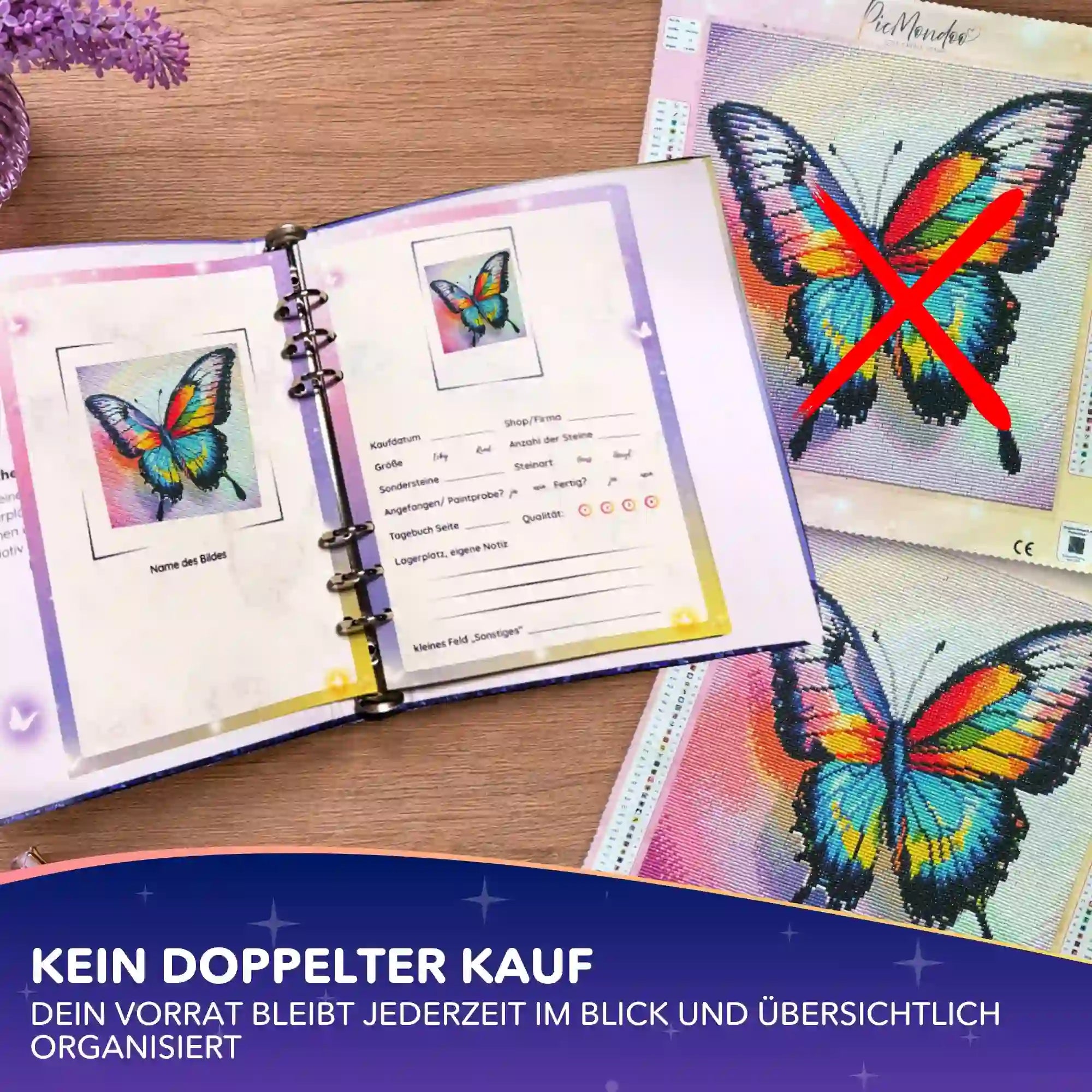 Diamond Painting Vorratsbuch zur Organisation deiner Kunstwerke und Projekte mit Schmetterlings-Motiven auf dem Schreibtisch