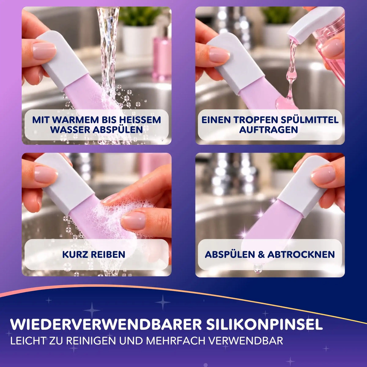 Reinigung des Silikonpinsels für Diamond Painting Leinwand Kleber in vier einfachen Schritten.