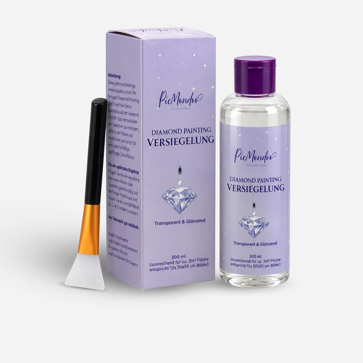 Picmondoo Diamond Painting Versiegelung 300 ml mit Silikonpinsel und Verpackung für dauerhaften Glanz