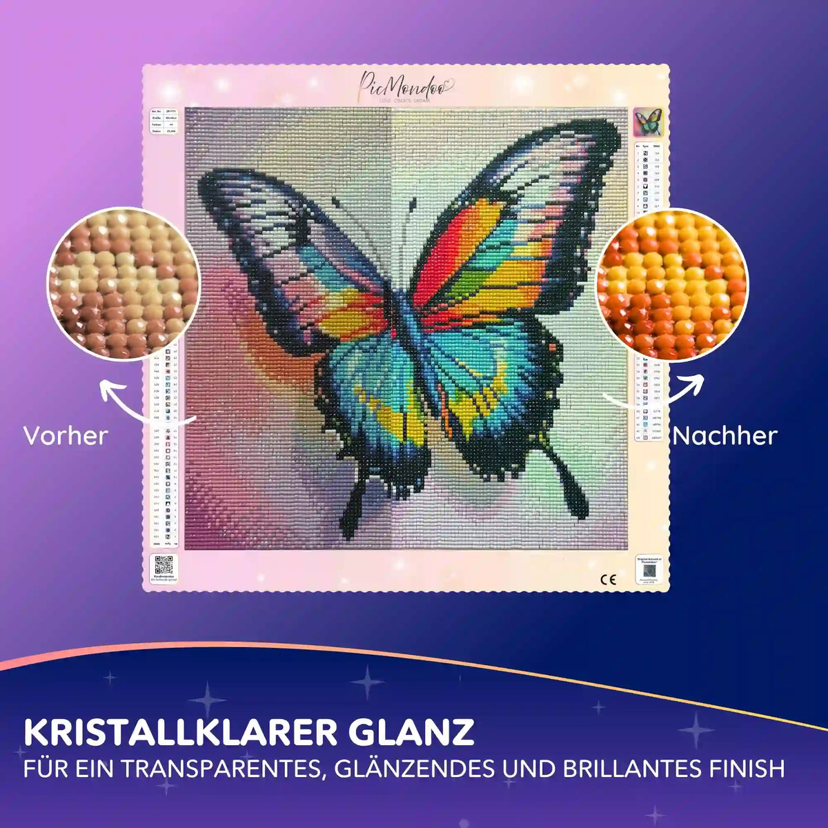 Diamond Painting Schmetterling im Vorher-Nachher-Vergleich mit glänzender Versiegelung für Steinchen.
