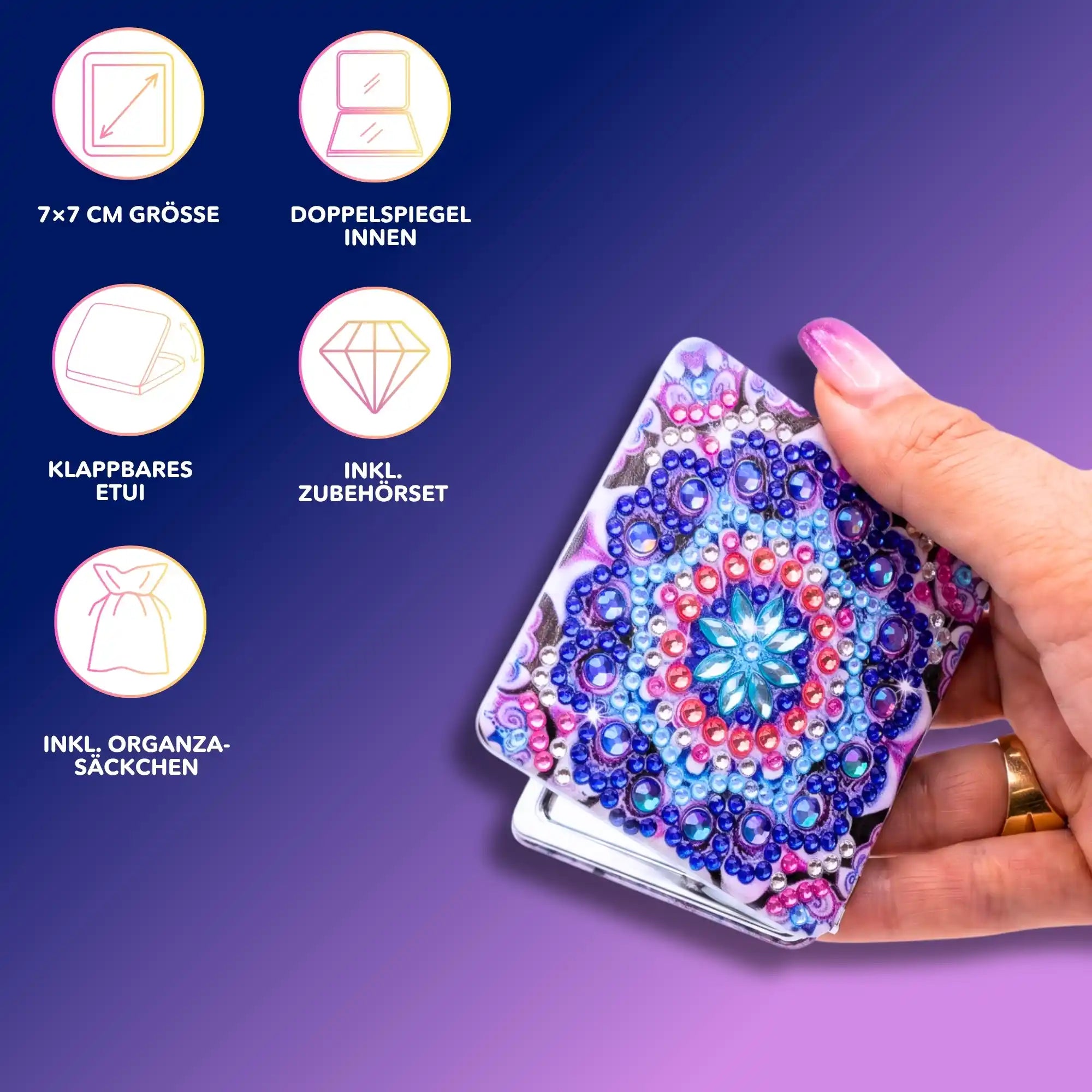 Diamond Painting Taschenspiegel mit Mandala-Motiv und bunten, glitzernden Strasssteinen inklusive praktischem Zubehörset.