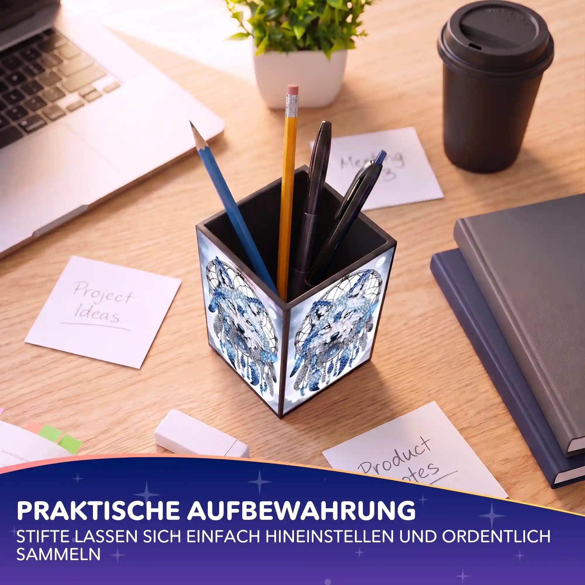 Diamond Painting Stiftehalter mit Wolf-Motiv und Traumfänger-Design als praktischer Schreibtisch Organizer für DIY-Fans