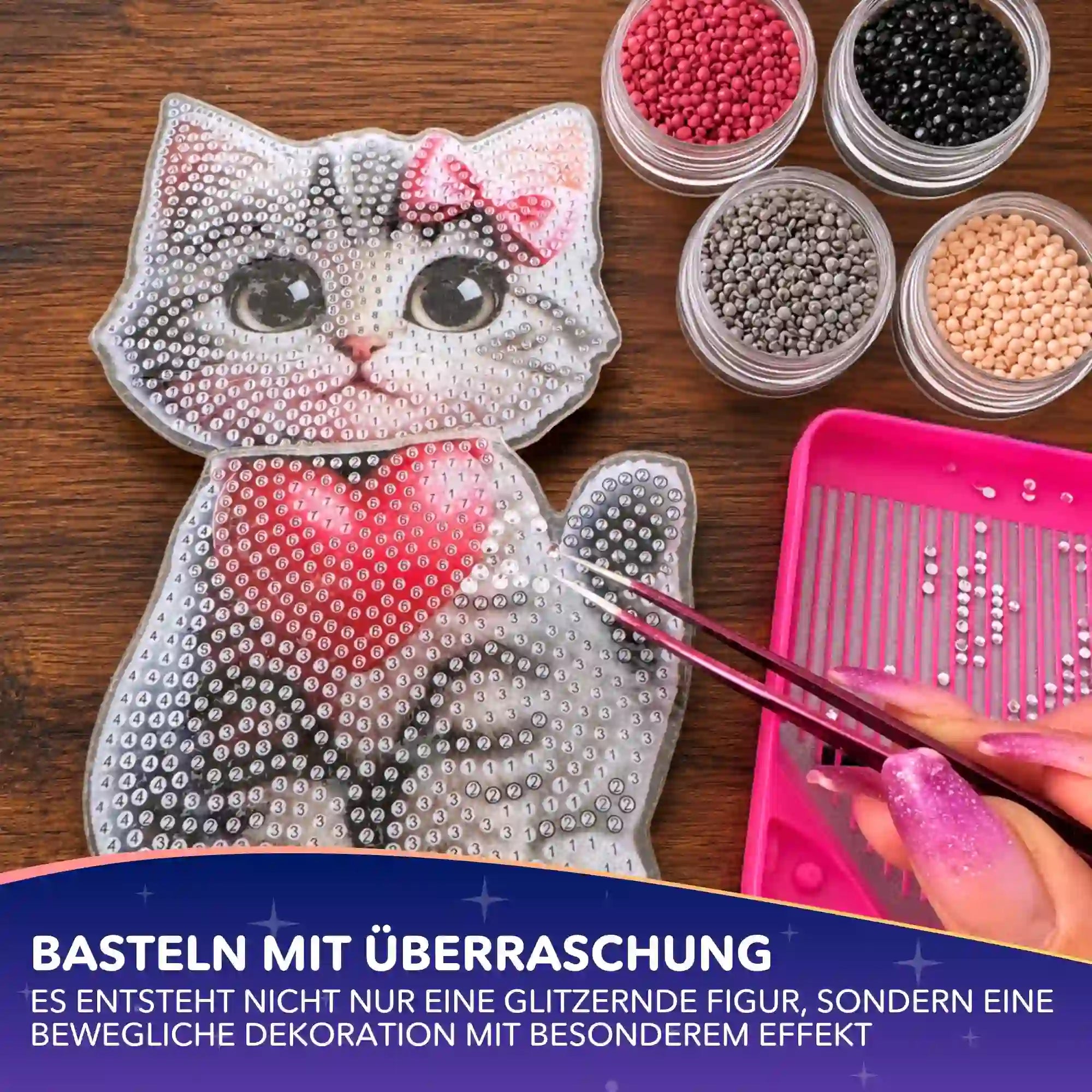 Diamond Painting Aufsteller Wackelkatze mit Herz und bunten Glitzersteinen als DIY-Bastelset für Erwachsene