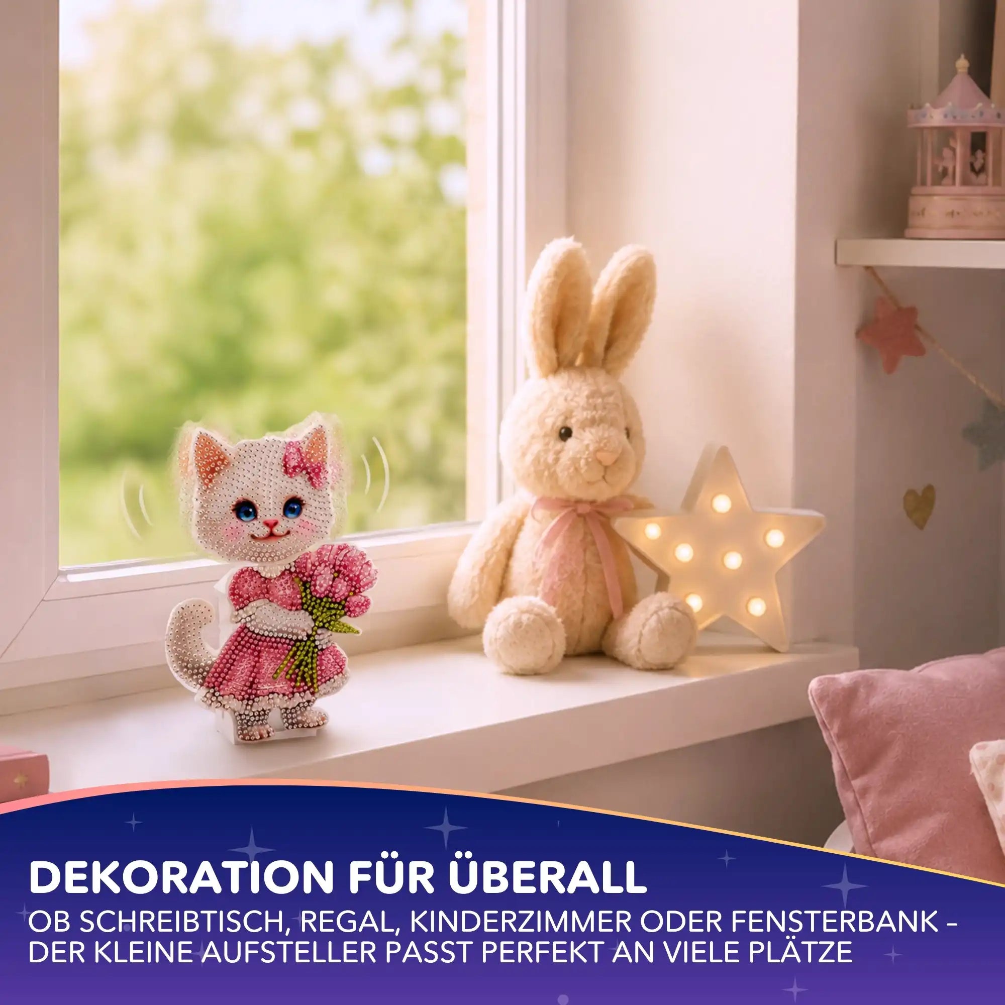Fertiger Diamond Painting Aufsteller: Wackelkatze mit Blumenstrauß dekoriert eine Fensterbank neben einem Stoffhasen.