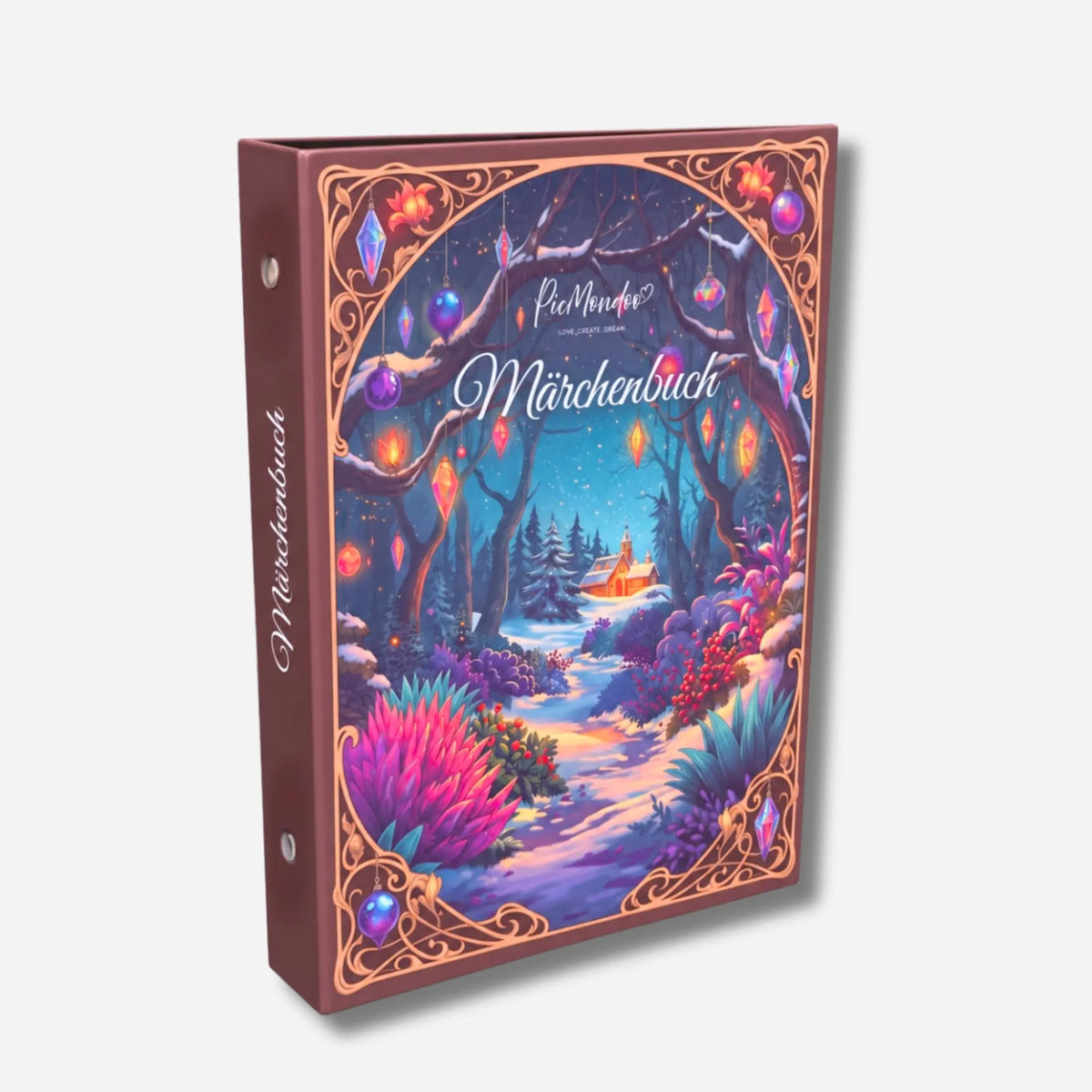 Picmondoo Diamond Painting Märchenbuch für Erwachsene mit zauberhaftem Winterwald-Motiv und Weihnachtshaus.