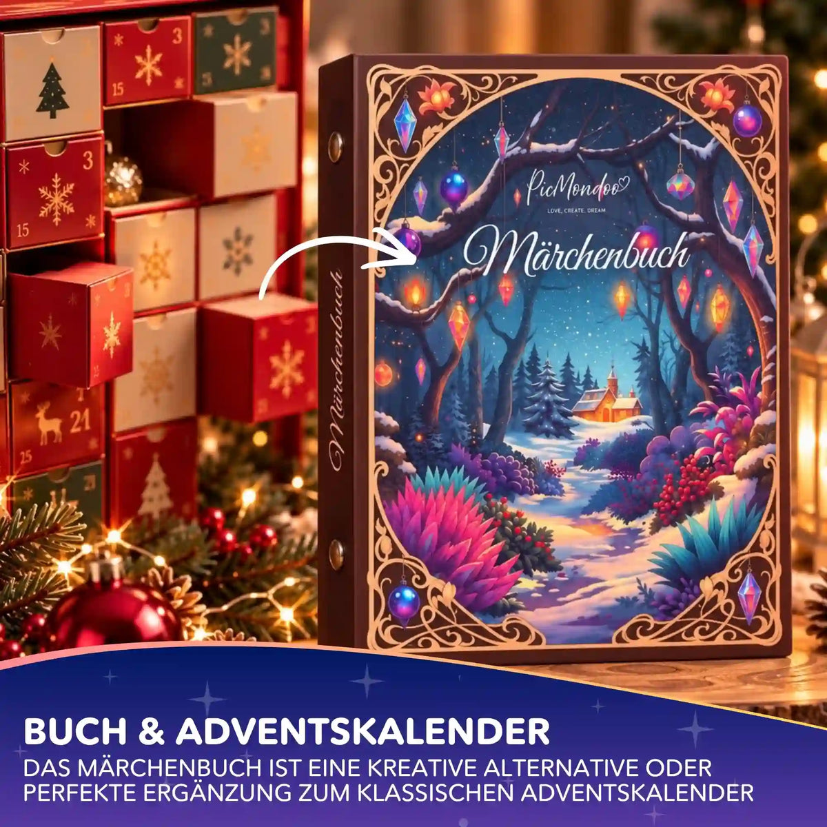 Picmondoo Diamond Painting Märchenbuch für Erwachsene mit Winterwald-Motiv neben Adventskalender