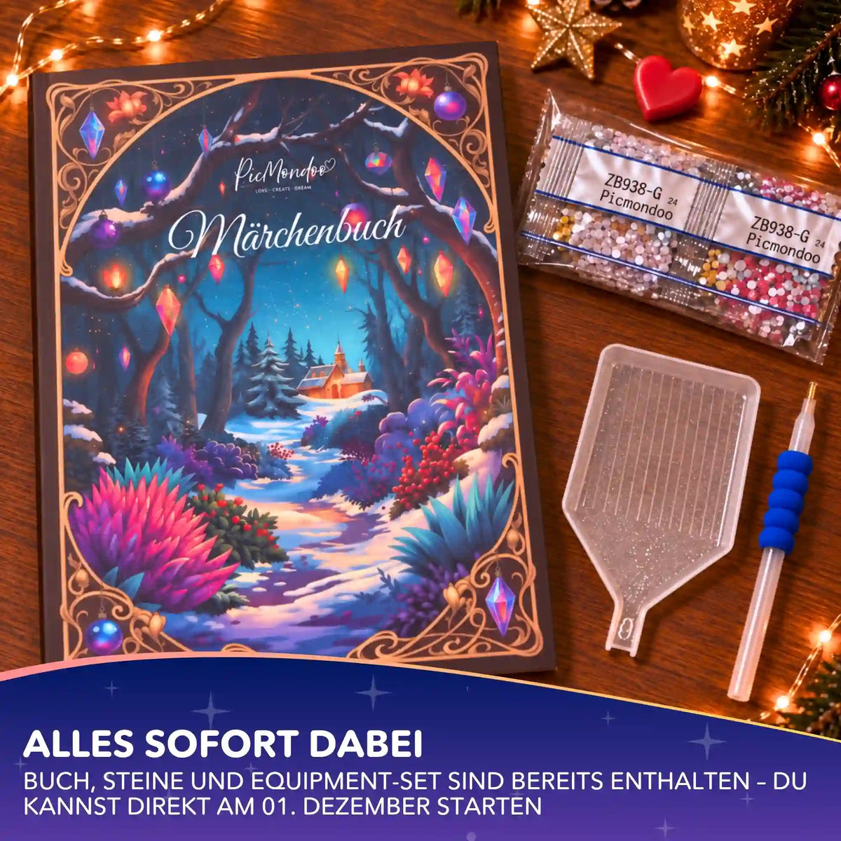 Picmondoo Diamond Painting Märchenbuch mit Winterlandschaft, bunten Steinchen, Schiffchen und Stift