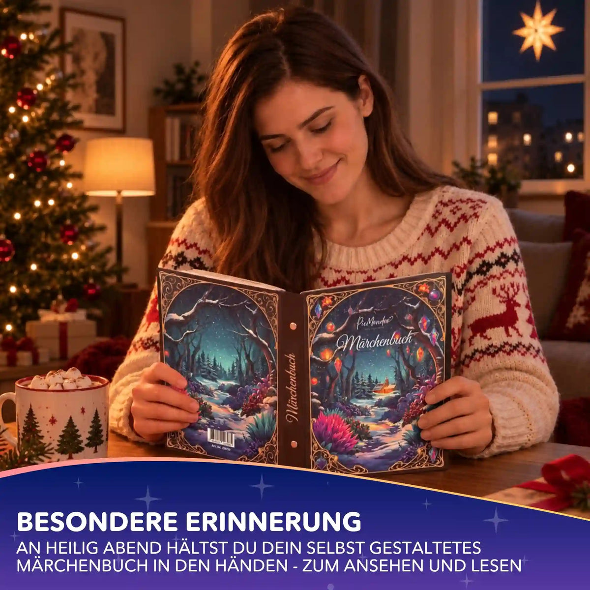 Picmondoo Diamond Painting Märchenbuch für Erwachsene mit glitzerndem Winter-Cover vor dem Weihnachtsbaum