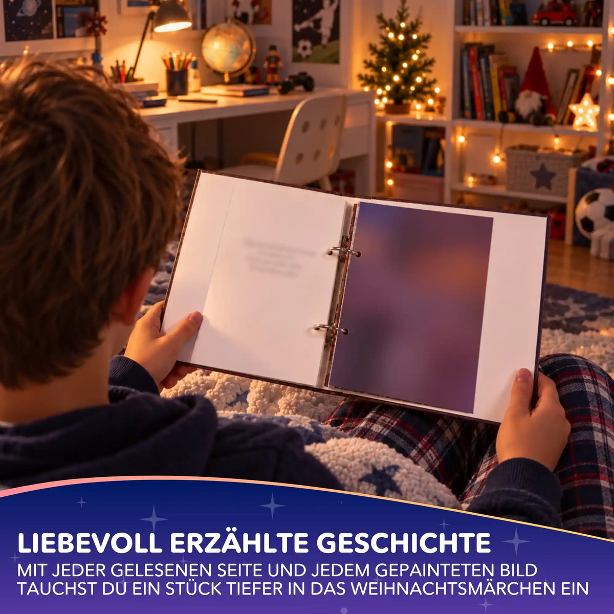 Kind liest im Picmondoo Diamond Painting Märchenbuch für Weihnachten im gemütlich beleuchteten Zimmer