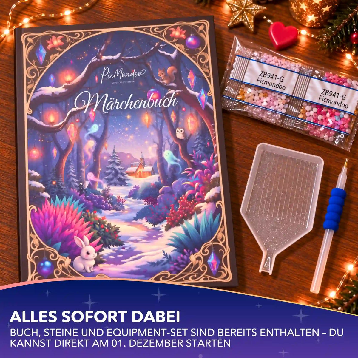 Picmondoo Diamond Painting Märchenbuch Set mit Wintermotiv, bunten Glitzersteinen, Stift und Schiffchen