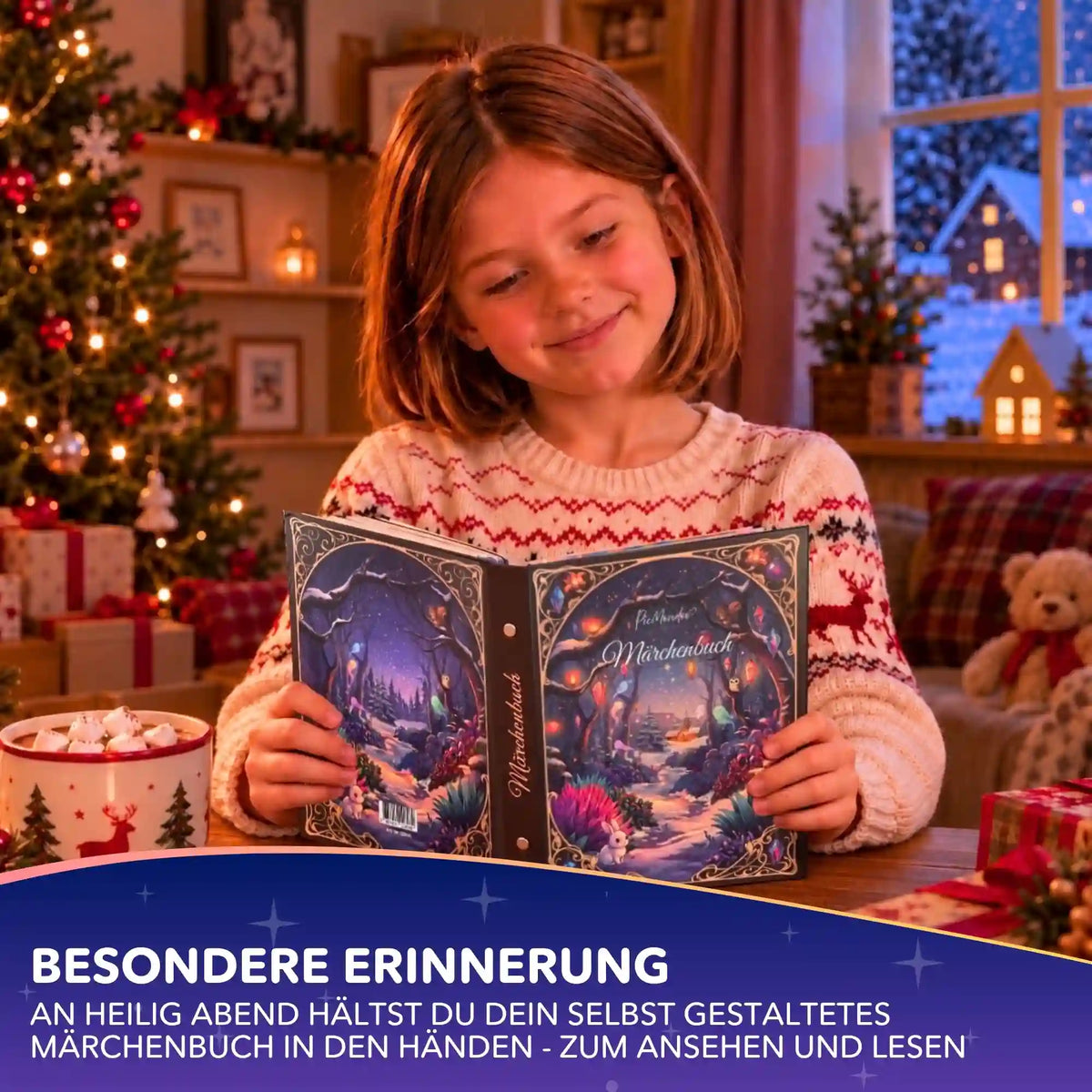 Mädchen mit glitzerndem Picmondoo Diamond Painting Märchenbuch vor festlichem Weihnachtsbaum