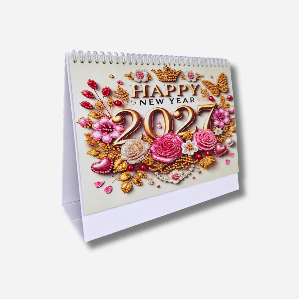 Diamond Painting Tischkalender 2027 mit festlichem Happy New Year Motiv und bunten Glitzersteinen als DIY Geschenkidee