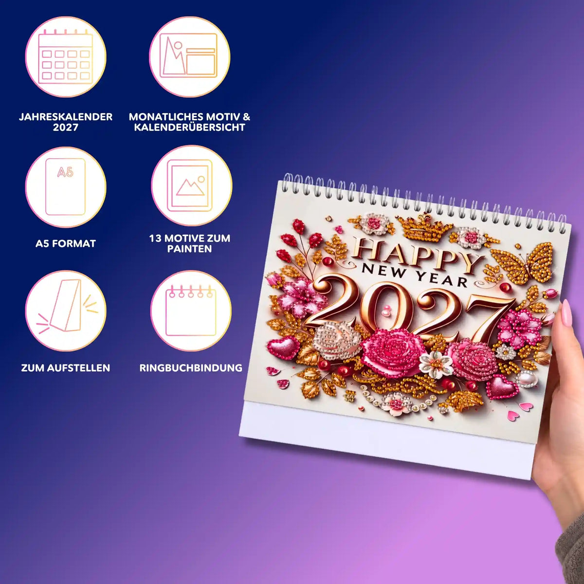 Diamond Painting Tischkalender 2027 im A5 Format mit Ringbindung und blumigem Happy New Year Motiv zum Aufstellen