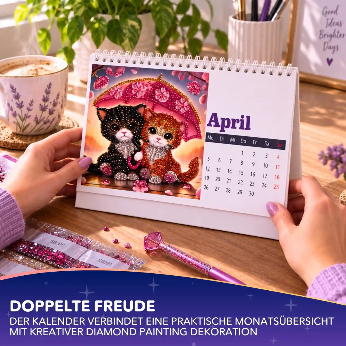 Diamond Painting Tischkalender 2027 mit Katzen-Motiv und glitzernden Steinen als kreative Geschenkidee auf einem Schreibtisch