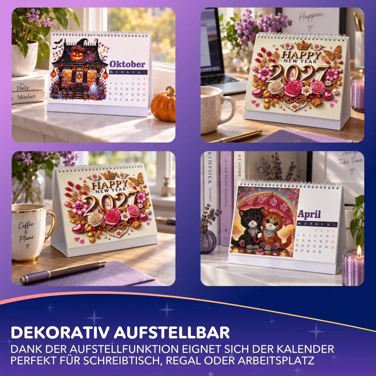 Diamond Painting Tischkalender 2027 mit dekorativen Glitzerstein-Motiven als kreative Geschenkidee für den Schreibtisch
