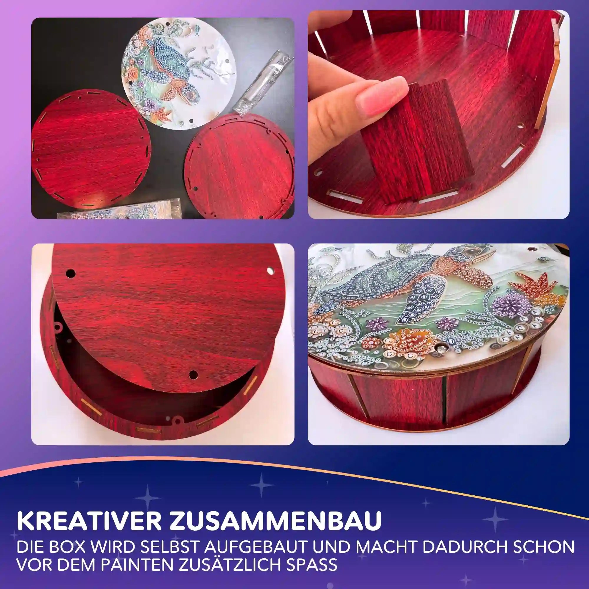 Diamond Painting Aufbewahrungsbox mit Schildkröten-Motiv aus Holz zum Zusammenbauen für die Diamanten Painting Steine