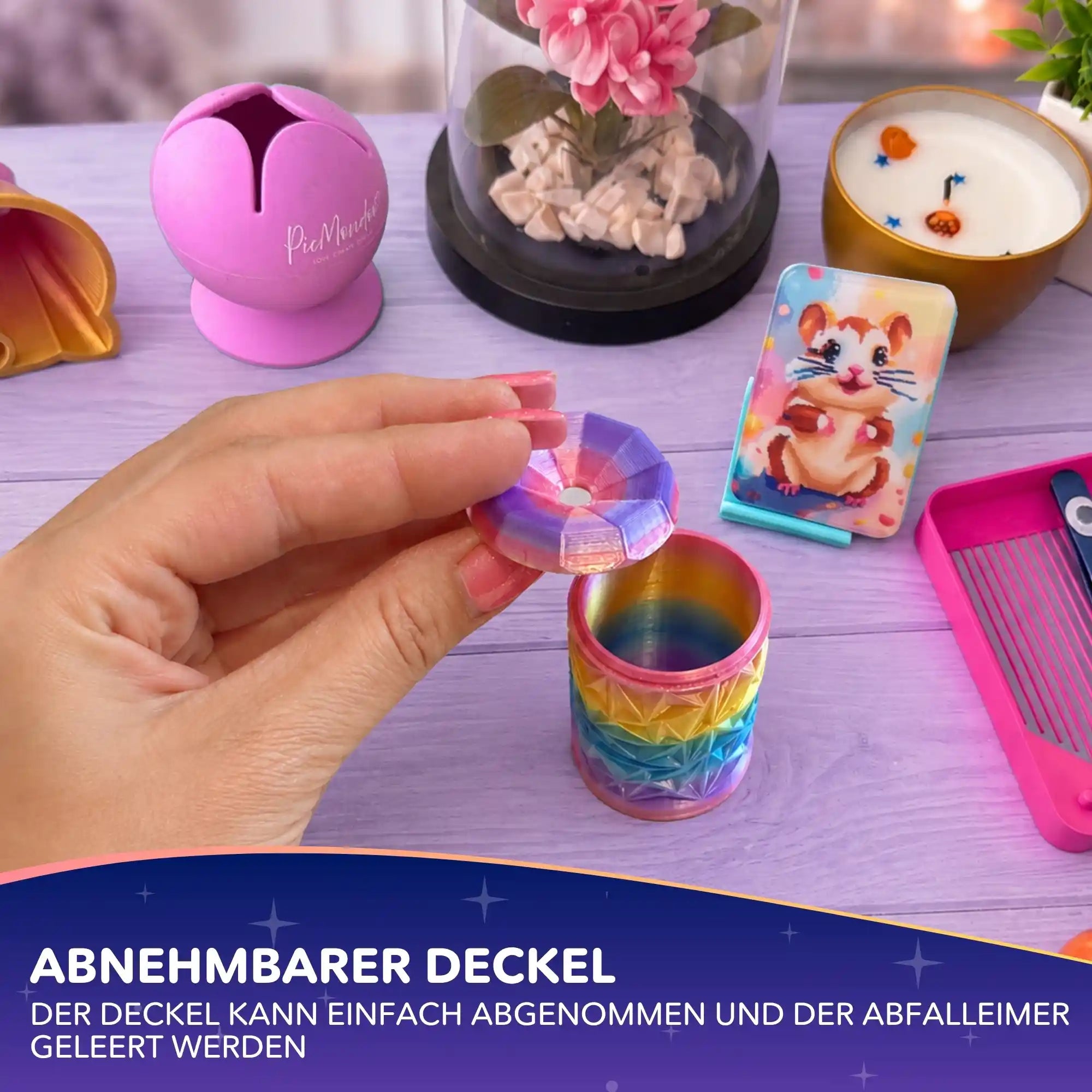 Bunter Diamond Painting Mini Mülleimer mit abnehmbarem Deckel als praktisches Zubehör für den Kreativplatz