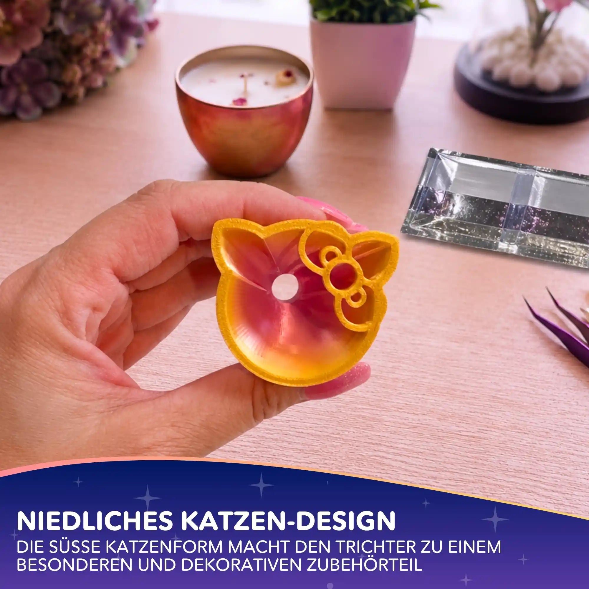 Gelber Katzentrichter als praktisches Diamond Painting Zubehör zum einfachen Umfüllen von Diamanten in Aufbewahrungsdöschen