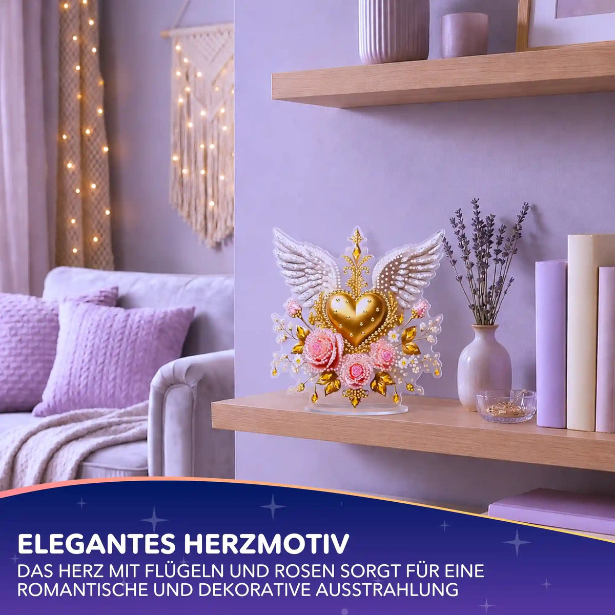 Diamond Painting Aufsteller Herz mit Engelsflügeln und Rosen als dekorative DIY-Deko auf einem Regal