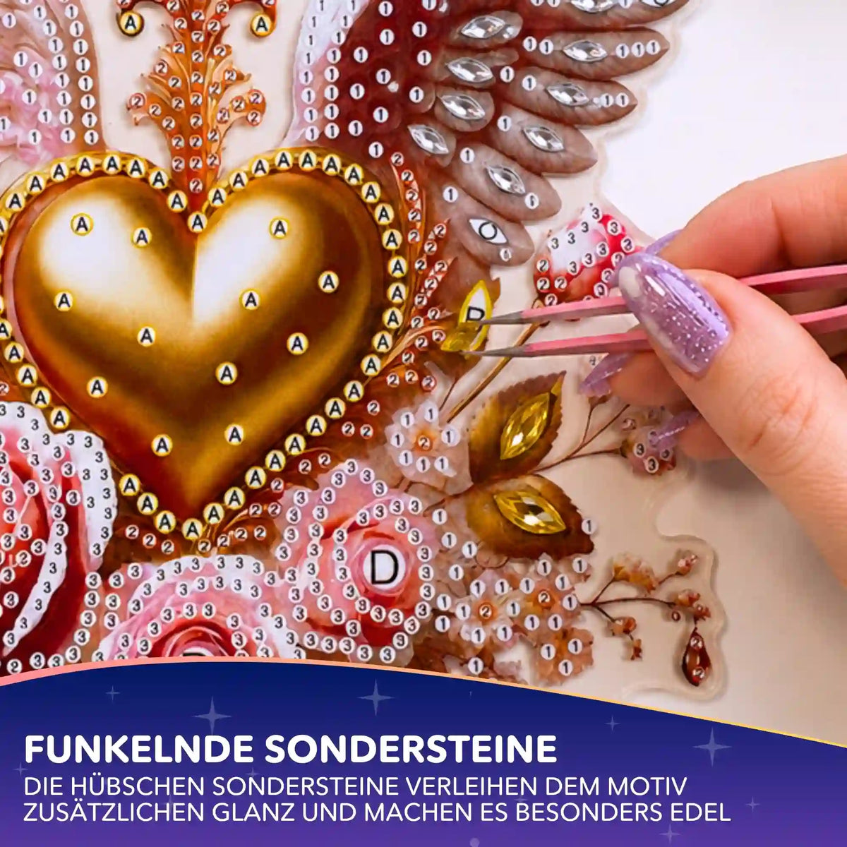 Diamond Painting Aufsteller Herz und Engelsflügel mit glitzernden Sondersteinen beim Basteln mit einer Pinzette