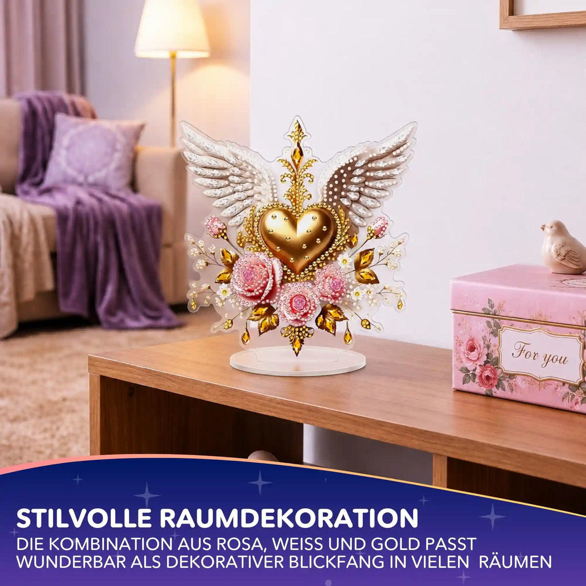 Diamond Painting Aufsteller Herz & Flügel mit glitzernden Steinen als elegante Tischdeko in Gold und Rosa