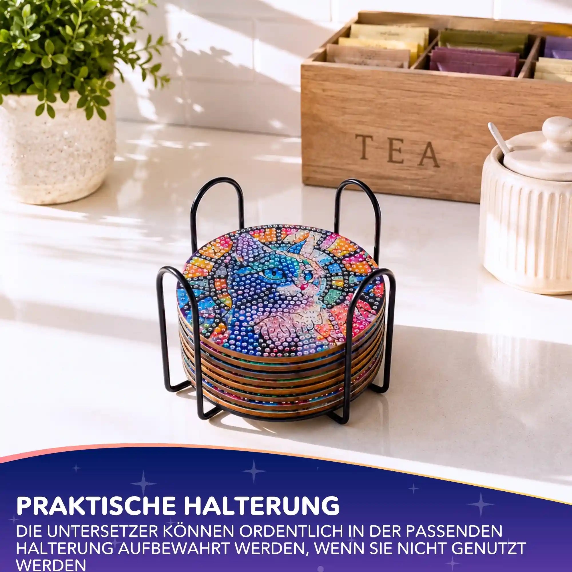 Diamond Painting Untersetzer mit buntem Tiermotiv im schwarzen Metallhalter für Tassen