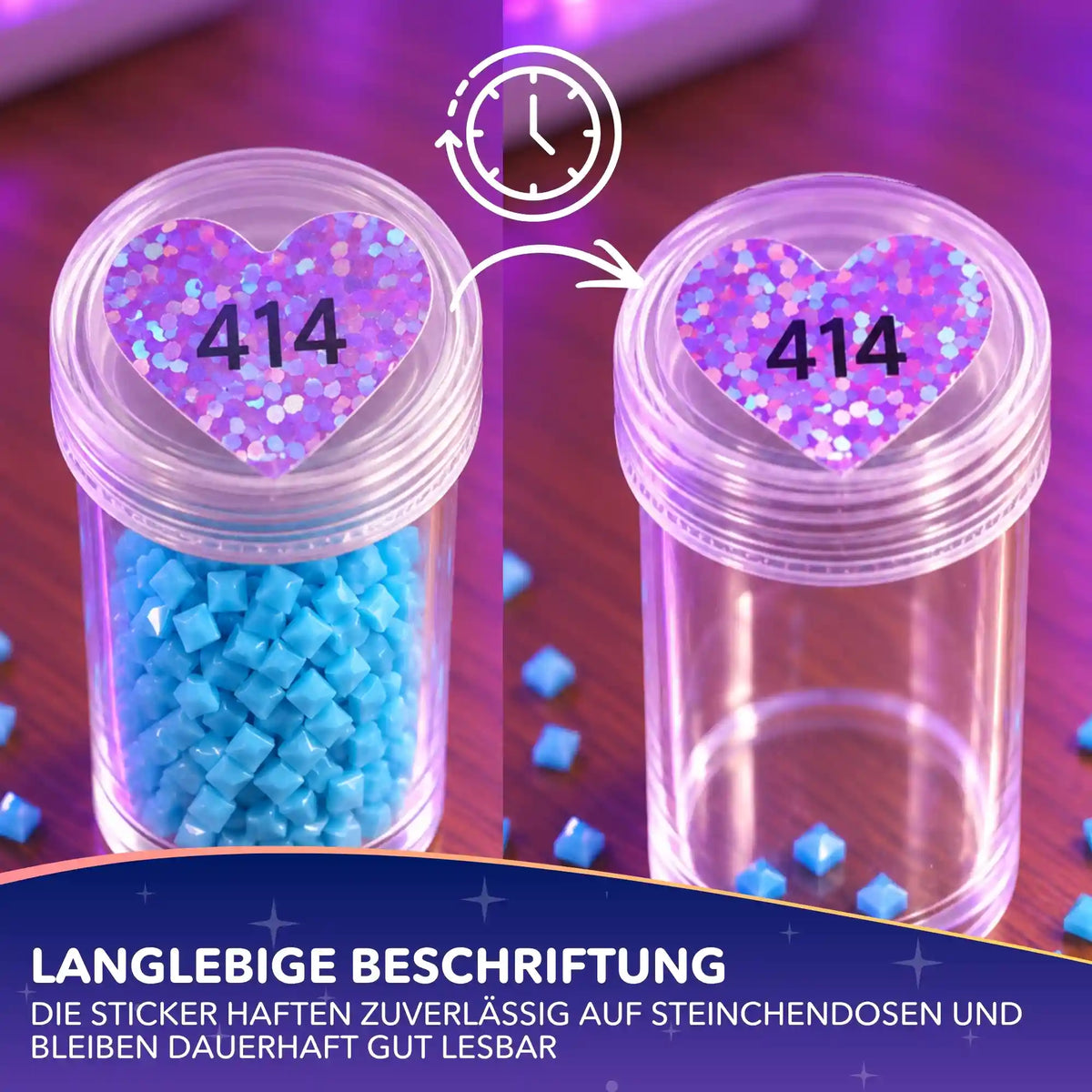 Diamond Painting Zubehör: Lila Herz-Sticker mit DMC-Nummer auf Dosen für Glitzersteine zur Aufbewahrung