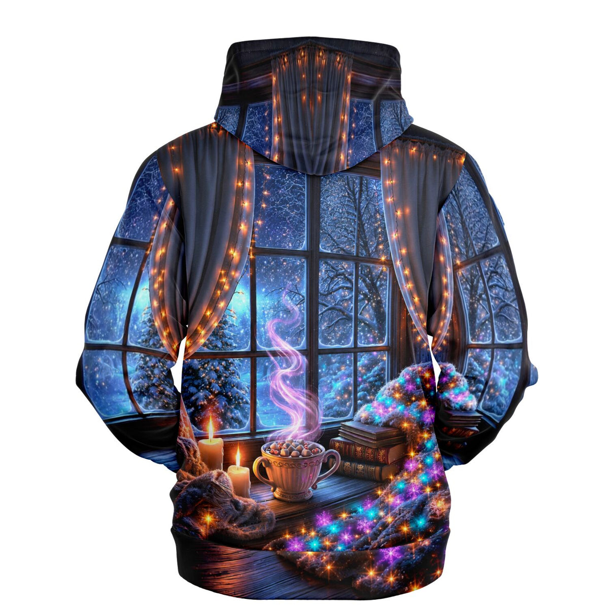 Dreamer Hoodie mit stimmungsvollem Weihnachtszauber-Motiv: Winterfenster, Kerzen, dampfende Tasse und Lichterglanz