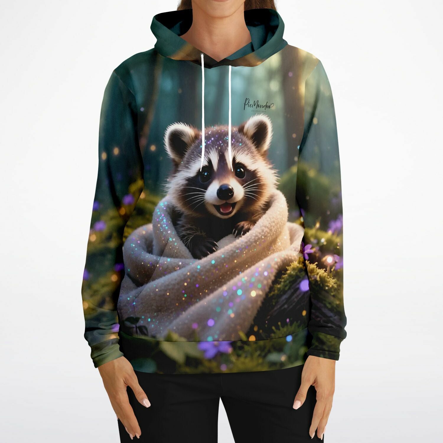 Dreamer Hoodie mit niedlichem Waschbär Motiv, inspiriert von Diamond Painting Glitzer-Optik und Wald-Design