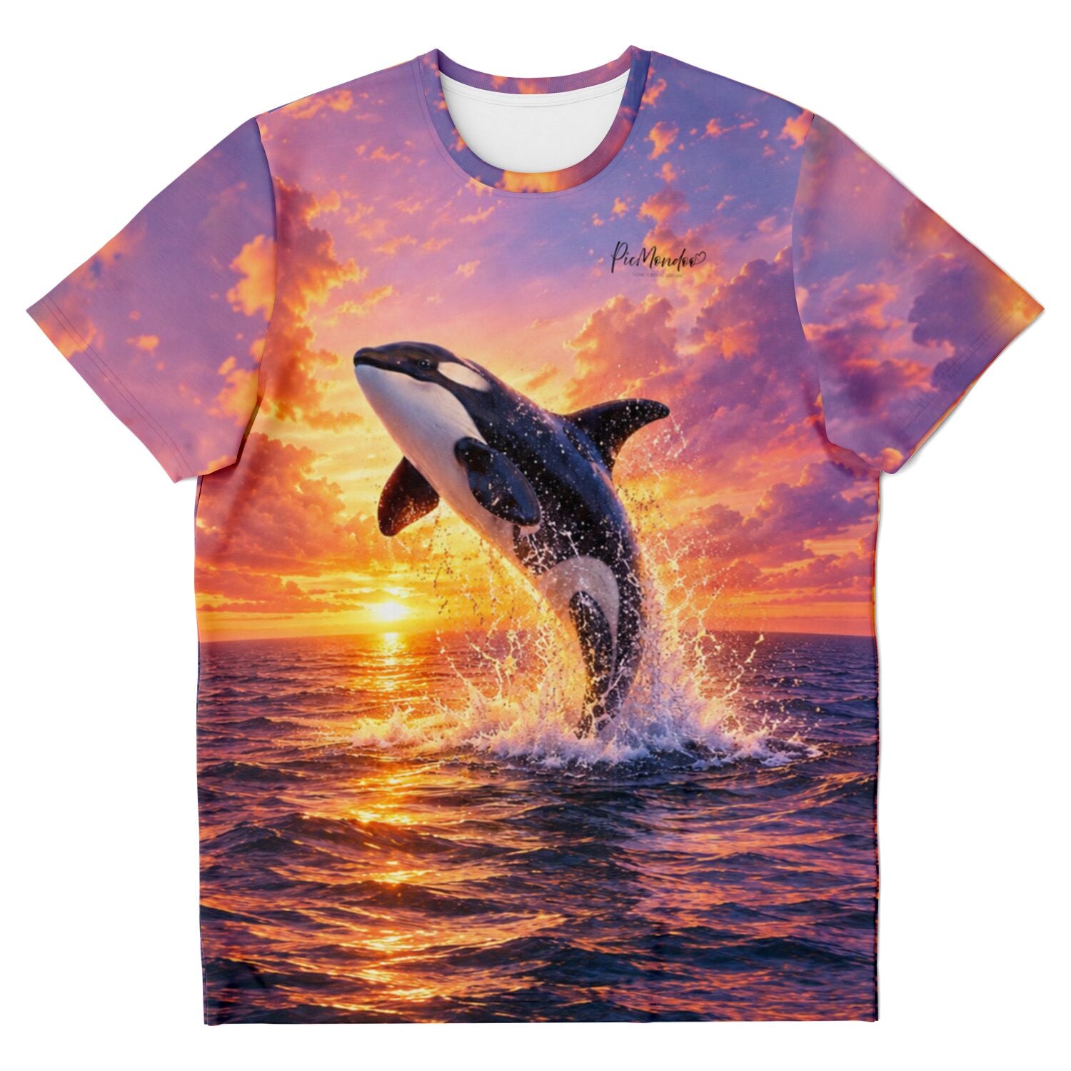 T-Shirt Dreamer Grenzenlos mit springendem Orca Motiv in lebhaften Sonnenuntergangsfarben für Fans von DIY-Kunst