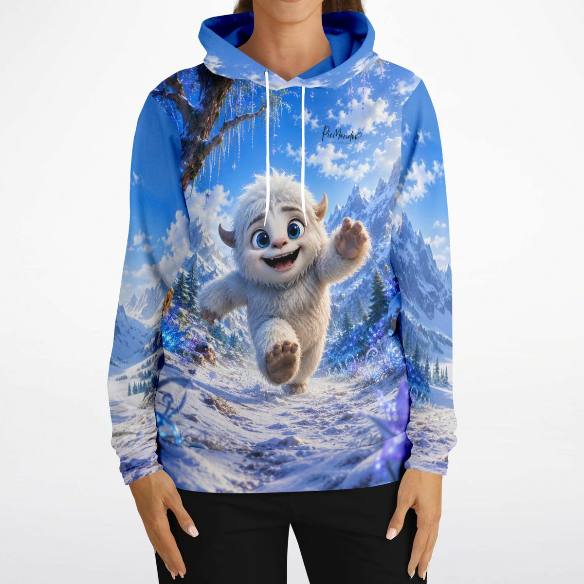 Dreamer Hoodie mit niedlichem Yeti-Motiv im verschneiten Gebirge, passend zum Stil von Diamond Painting Kunstwerken.