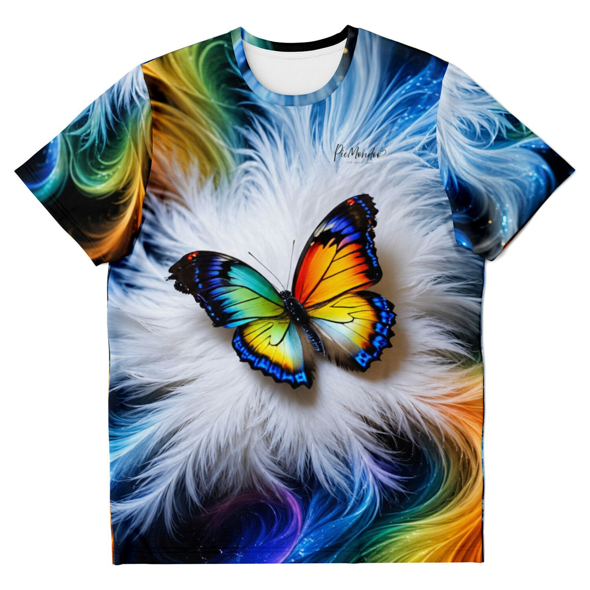 Dreamer T-Shirt mit buntem Schmetterling auf weißen Federn im künstlerischen Design für Fans von Diamond Painting Motiven