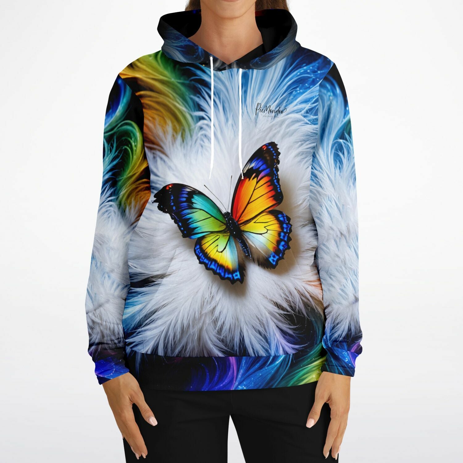 Dreamer Hoodie von Picmondoo mit buntem Schmetterlingsmotiv auf weißen Federn, ideal für Fans von Diamond Painting Kunst.