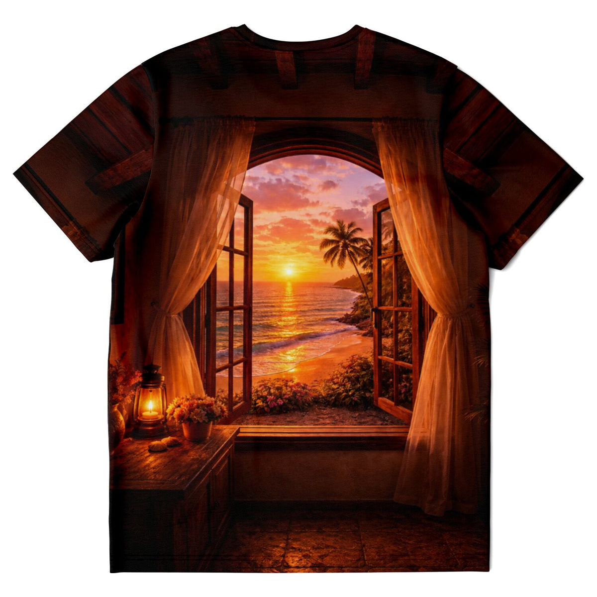 Dreamer T-Shirt Goldene Stille mit Fensterblick auf tropischen Sonnenuntergang, passend zu Malen nach Zahlen Motiven