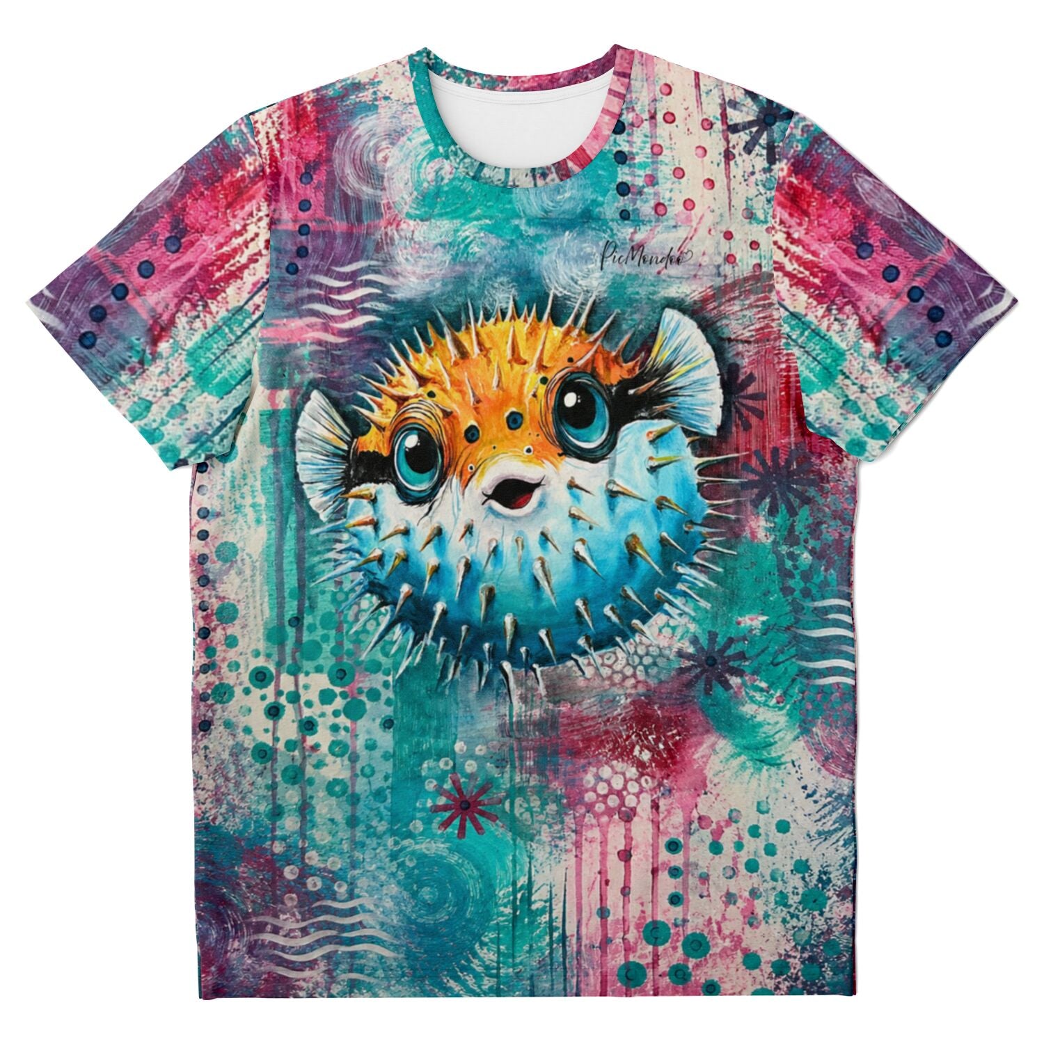 T-Shirt mit buntem Kugelfisch-Motiv, inspiriert durch Diamond Painting und Malen nach Zahlen Design