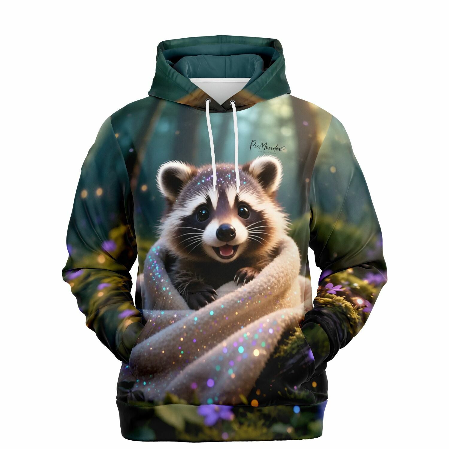 Dreamer Hoodie mit niedlichem Waschbär Motiv im Diamond Painting Look, ideal für Fans von Malen nach Zahlen und DIY
