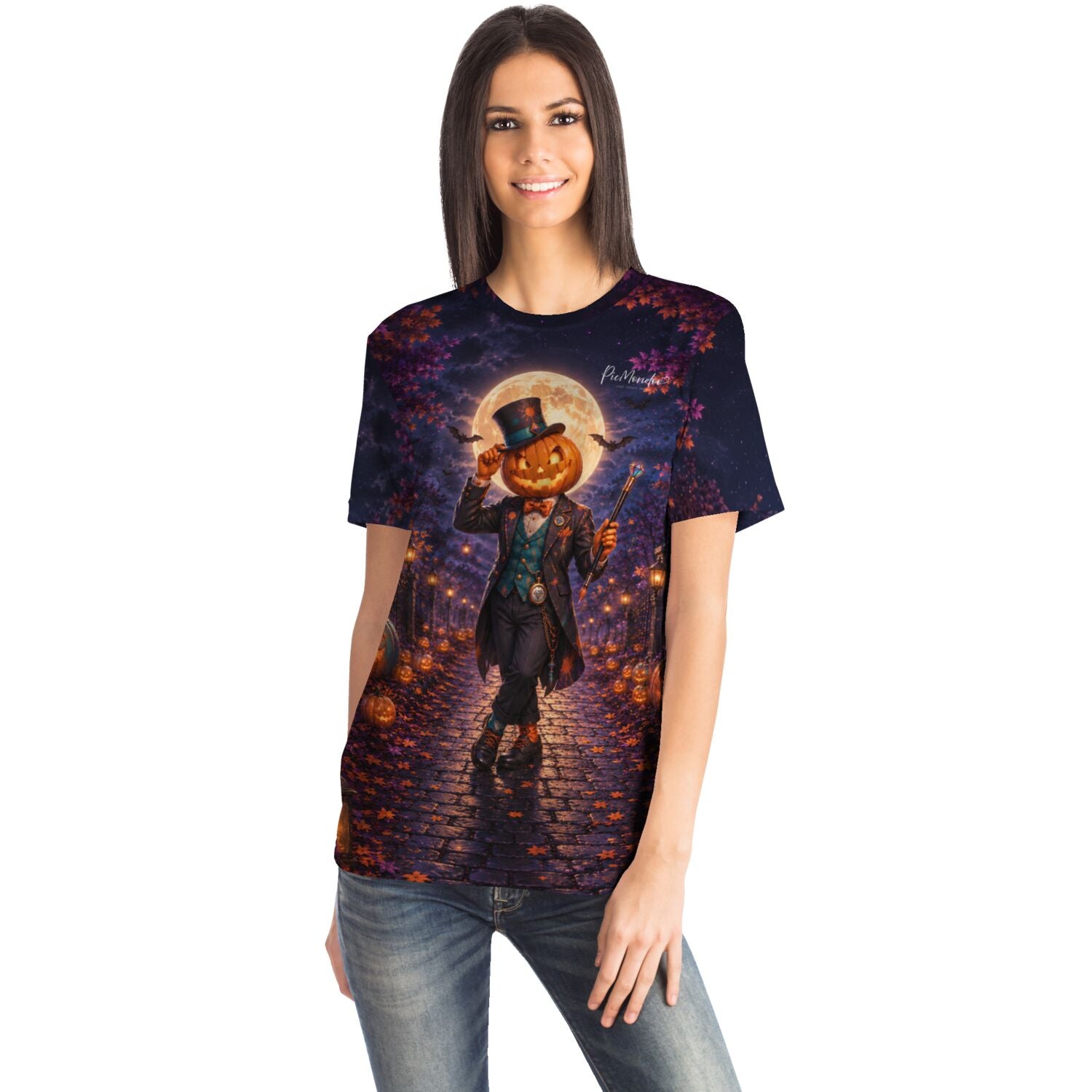 Frau trägt ein T-Shirt mit Halloween-Kürbiskopf-Motiv im Stil von Diamond Painting und Malen nach Zahlen Designs