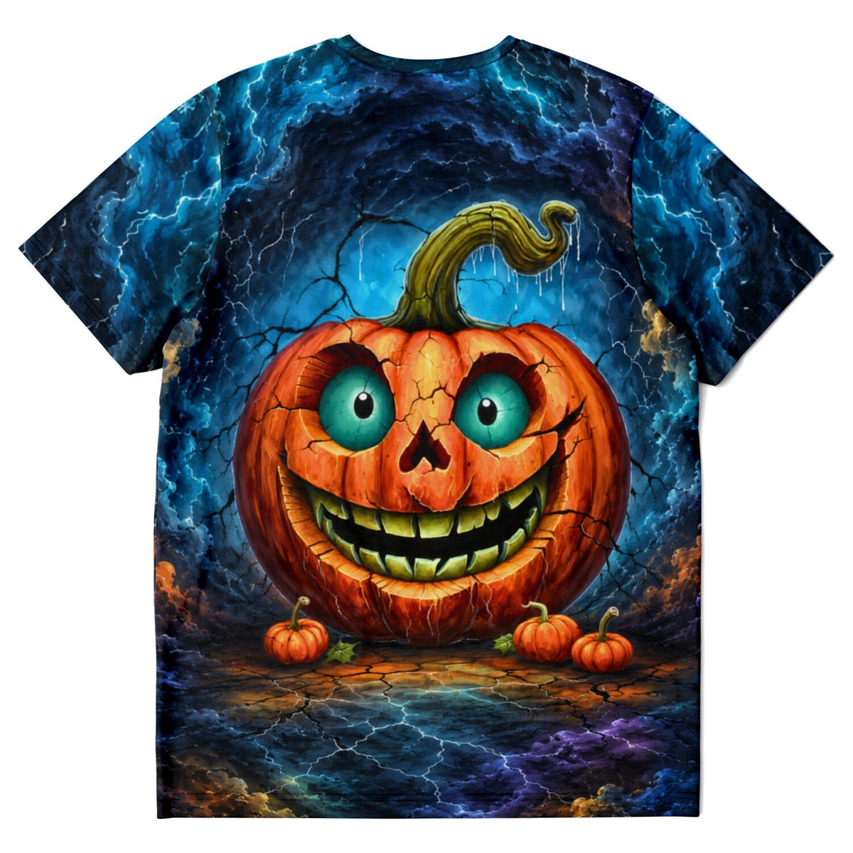 Dreamer T-Shirt Limited Edition mit gruseligem Kürbis-Motiv vor blauem Gewitterhimmel und Riss-Optik